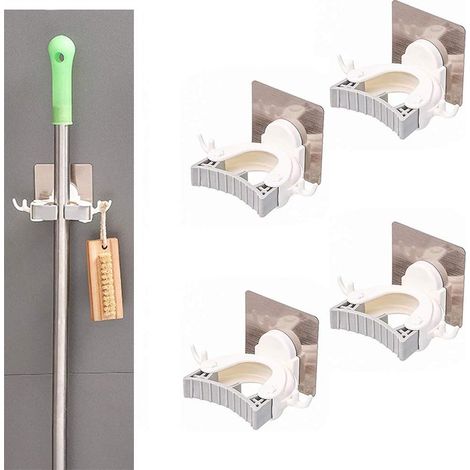 4-teiliger Besenhalter, Selbstklebender Mopphalter Mit Haken, Selbstklebende, Wandmontierte Werkzeugablage Mit Federclips, Aufbewahrungsorganizer Für Küche, Garten, Balkon, Garage, Grau