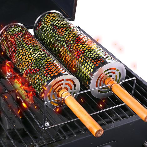 Zwei Fahrbare Grillkörbe (groß Und Mittelgroß) Mit Abnehmbaren Holzgriffen, Fahrbarer Grill Für Gemüse, Garnelen Und Fisch, Zubehör Für Outdoor-kochen Und Grillen.