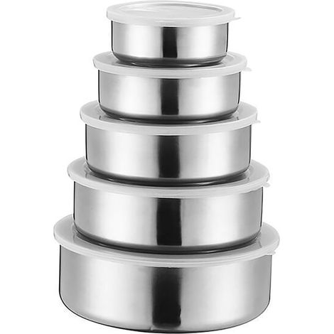 Set Aus 5 Stapelbaren Lebensmittelbehältern Mit Deckel, Aus Edelstahl.