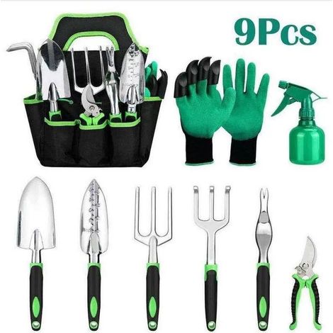 Gartengeräte-set, 9-teilig, Robustes Edelstahl-gartenset, Gartenschere, Handschuhe, Unkrautstecher, Kultivator, Gabeln, Spaten, Pflanzzangen