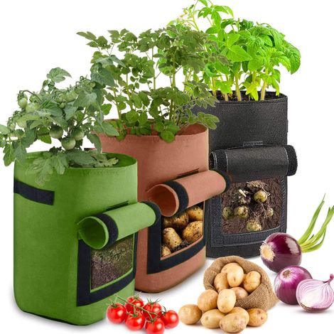 Set Mit 3 Kartoffelpflanzsäcken, 10 Dicke Vliessäcke Mit Sichtfenster, Griffen Und Etikettenhalter Für Kartoffeln, Tomaten Und Karotten