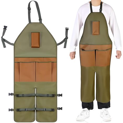 Verstellbare Und Wasserdichte Gartenschürze Mit 6 Leicht Zu Öffnenden Taschen, Olivgrün Mit Verstellbaren Schnallen, Geeignet Für Gartenarbeit, Malen Und Holzarbeiten.