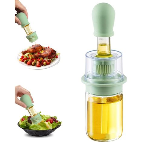 2-in-1-ölspender Aus Glas Mit Langem Silikon-küchenpinsel, Grün