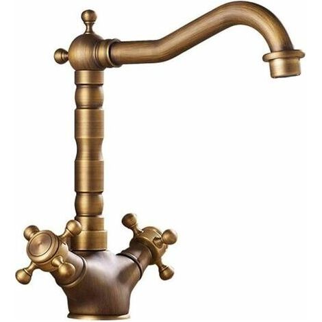 360° Drehbare Doppelwaschtischarmatur Aus Messing In Antik-kupfer-optik, Gebürstet, Mit Sanfter Oberfläche, Vintage-stil Für Warm- Und Kaltwasser