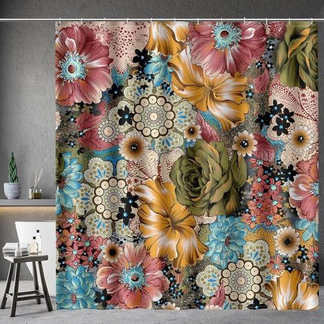 Wasserdichter Duschvorhang Im Boho-blumenmuster, 182,9 X 182,9 Cm. Schnelltrocknendes Polyestergewebe. Beschwerter Saum Für Mehr Stabilität.