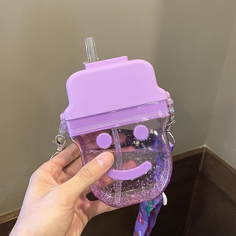 Kreativer Eisbecher Mit Cartoon-smiley-gesicht, Plastikbecher Mit Strohhalm, Praktisches Geschenk Für Schüler Im Freien (lila)