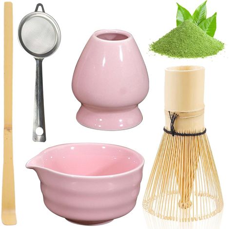 Pinkes Matcha-set – Keramikschale, Sieb, Ständer Und Japanischer Schneebesen