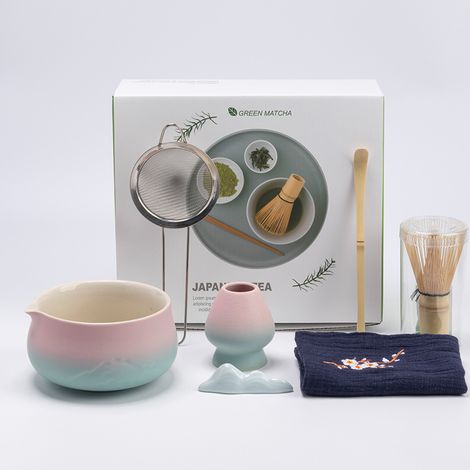 7-teiliges Rosa Matcha-set – Keramikschale Und Latte-/frühstücksset