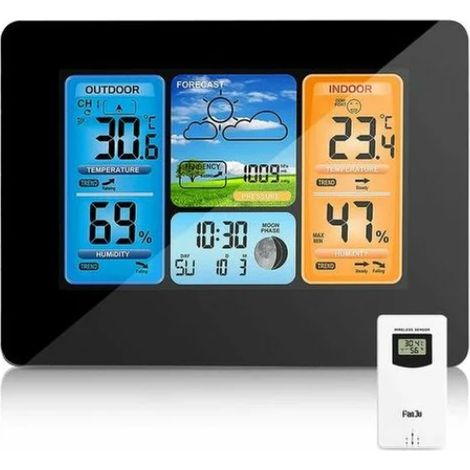 Drahtlose Wetterstation, Farbenfrohe Digitale Wetteruhr Mit Außensensor, Innen-/außenthermometer Mit Datum, Temperatur, Luftfeuchtigkeit, Barometer, Alarm, Mondphase, Wetteruhr (schwarz)