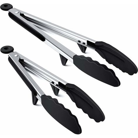 Küchenzange, Grillzange, Toasterzange Aus Edelstahl 304 Mit Silikongriff, 9" Und 12" Kochzange Mit Halterung Und Aufhängeloch, Schwarzes Grillset (schwarz)