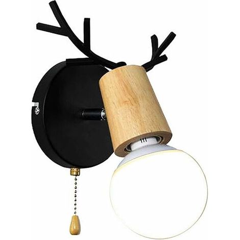 Wandleuchte Aus Holz In Form Eines Hirschgeweihs Mit Modernem Nordischen Design Und Zugschalter Für Lesezimmer Oder Schlafzimmer, E27-fassung, Schwarz, Leuchtmittel Nicht Enthalten