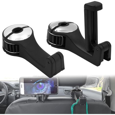 Aiducho 2-teiliger Kopfstützenhaken, 2-in-1-auto-kopfstützenhaken Mit Handyhalterung, Autositztasche, Tragbarer Organizer, Kleiderhaken