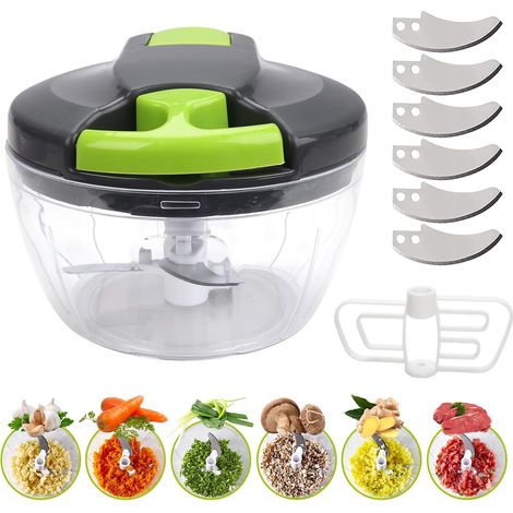 Aiducho 520ml Manueller Zerkleinerer, Manueller Zwiebelschneider Mit 3 Edelstahlklingen, 3 Ersatzklingen Und 1 Mixeinsatz, Manueller Mixer, Manueller Zwiebelschneider Für Zwiebeln, Knoblauch, Fleisch,