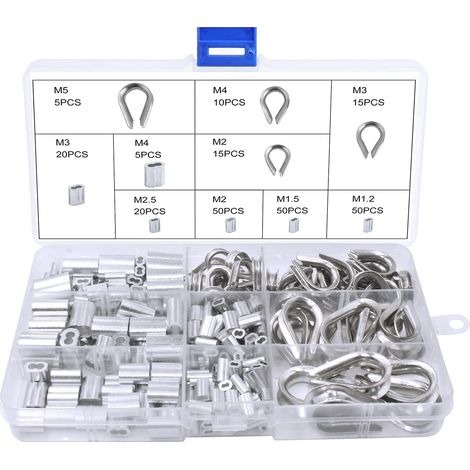 Aiducho 240-teiliges Drahtseil-schutzhüllen-set, Aluminium-schutzhüllen, Edelstahlösen M1.2 M1.5 M2 M2.5 M3 M4 M5, Aluminium-schutzhüllen-klemmen