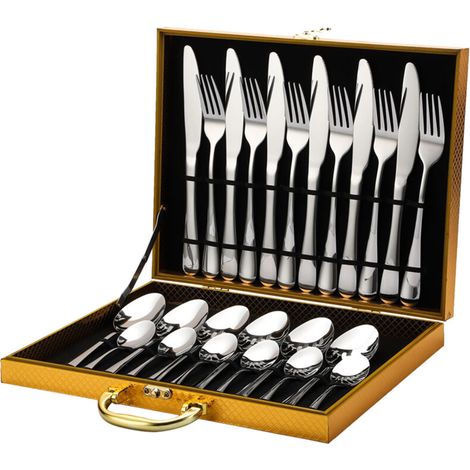 24-teiliges Edelstahl-besteckset Für 6 Personen. 3 Mm Dick Und Hochglanzpoliert. Modernes Design. – Silber