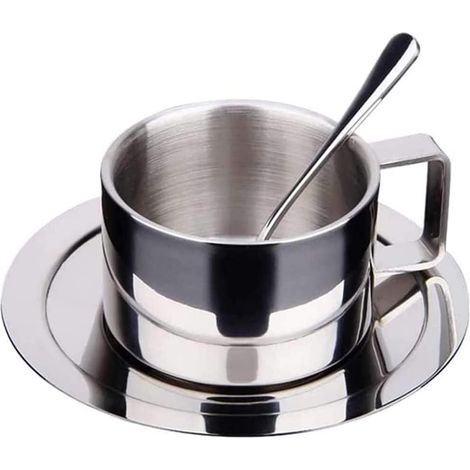 Aiducho Elegantes Edelstahl-kaffeebecher-set, 200 Ml Doppelwandiger Isolierbecher Mit Untertasse Und Löffel, Für Zuhause Und Camping, Silber