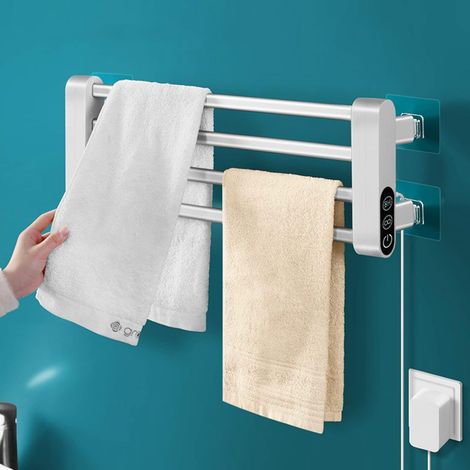 Weißer Elektrischer Handtuchwärmer, 55 °c – 90° Klappbar – Touch-bedienung – Ip45 Wasserdicht – Bohrfreie Montage