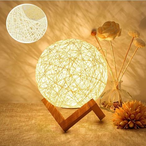 Zolginah Led-nachtlicht, Nachttischlampe, Stimmungsleuchte Fürs Schlafzimmer Aus Rattan Und Holz, Usb-aufladbar