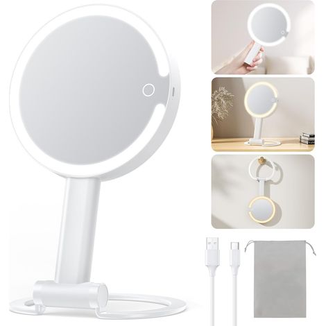 Vergrößerungs-reisekosmetikspiegel Mit Licht, 10-fache Und 1-fache Vergrößerung, Doppelseitig Beleuchtet, Wiederaufladbar, 3-in-1-handspiegel, Tisch- Und Hängefunktion, 3 Dimmbare Lichtfarben, Weiß