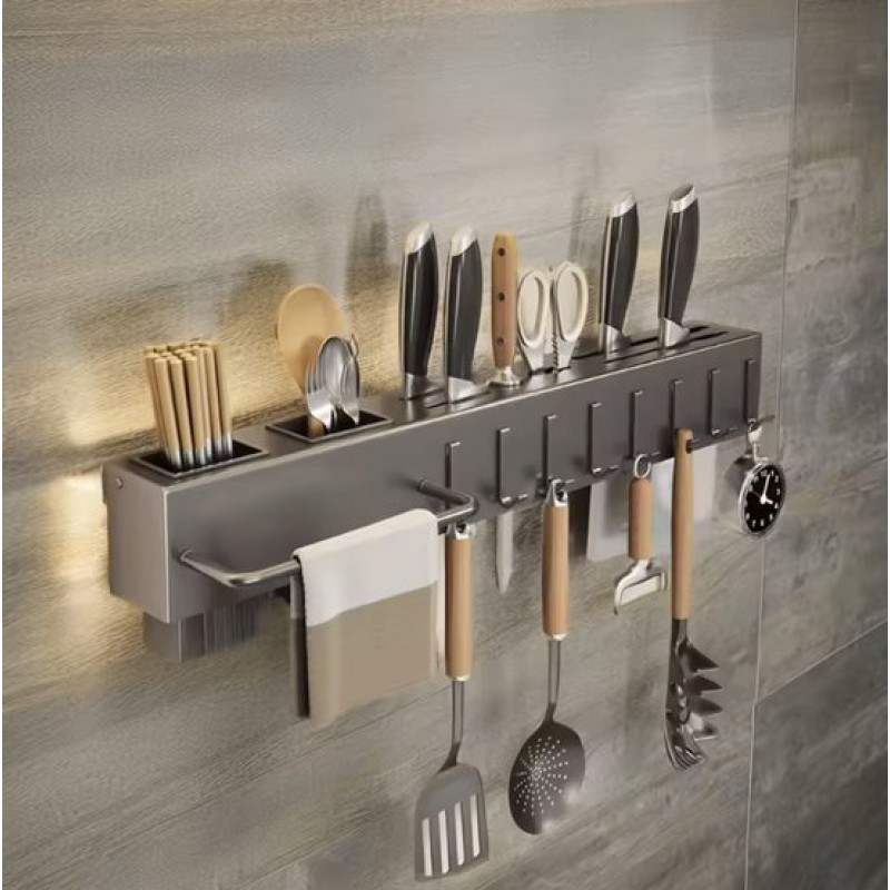 ® - Grau - Hängendes Küchenregal - Zur Befestigung - Gewürzregal - Küchenregal - Wandmontage - Edelstahl - Kochregal - 50 Cm - Messerblock - Wandregal - Metall - Organizer