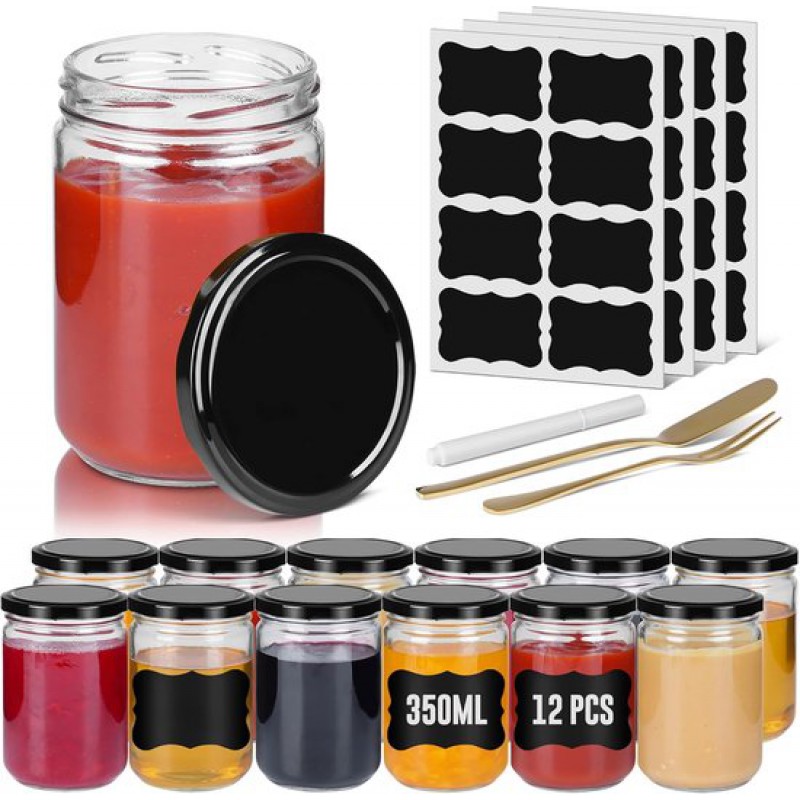 Kleine Einmachgläser – 12er-set – Mason-gläser – Runde Gläser – Mit Metalldeckel – 350 Ml – Luftdichte Mini-gläser – Transparente Einmachgläser – Für Honig, Kräuter, Konfitüre