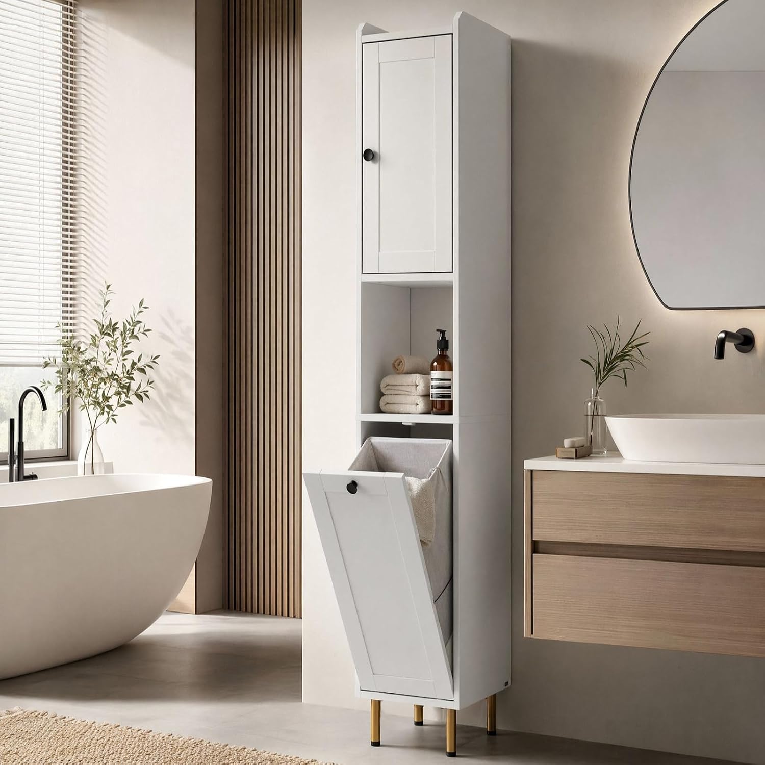 Badezimmerschrank Mit Wäschekorb, 181cm Schmaler Badschrank Hoch, Badezimmer Hochschrank, Freistehender Wäscheschrank Mit Herausnehmbarem, Wäschesack Aus Stoff & Kippschutz, 30 X 30 X 181cm, Weiß