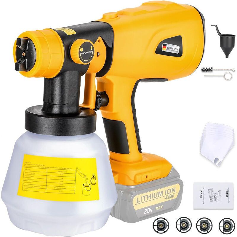 20-v-akku-farbspritzgerät – Hvlp-elektrowerkzeug – 200-w-motor – 4 Düsen Für Verschiedene Oberflächen – Kompatibel Mit Dewalt 20 Max-akkus