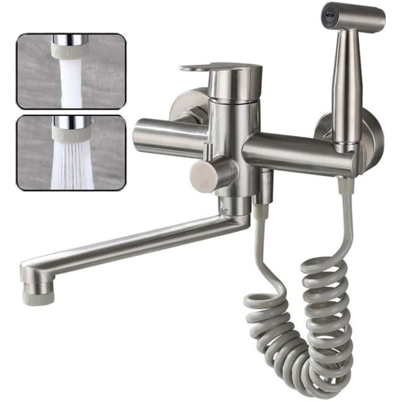 Wandmontierte Küchenarmatur Aus Edelstahl 304 – Oberfläche In Gebürstetem Nickel – Hochdruck-sprühpistole – 360° Schwenkbar – Wassersparendes System
