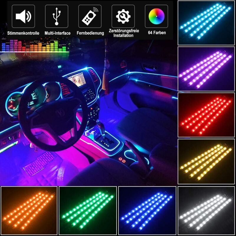 4er-set Led-innenraumleuchten Für Autos – 72 Mehrfarbige Leds – Fahrzeuginnenbeleuchtung – Mit Sound-active-funktion Und Drahtloser Fernbedienung – 12 V Dc