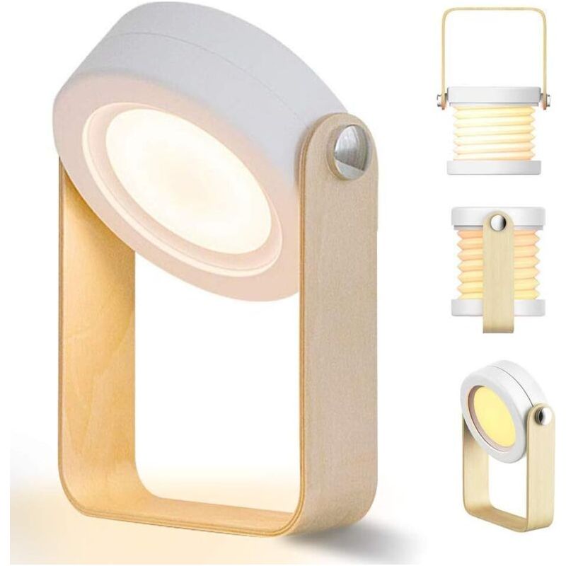 Touch-led-nachttischlampe – 3 Helligkeitsstufen Einstellbar – Tragbar Mit 1200-mah-akku – Vintage-design Mit Holzgriff