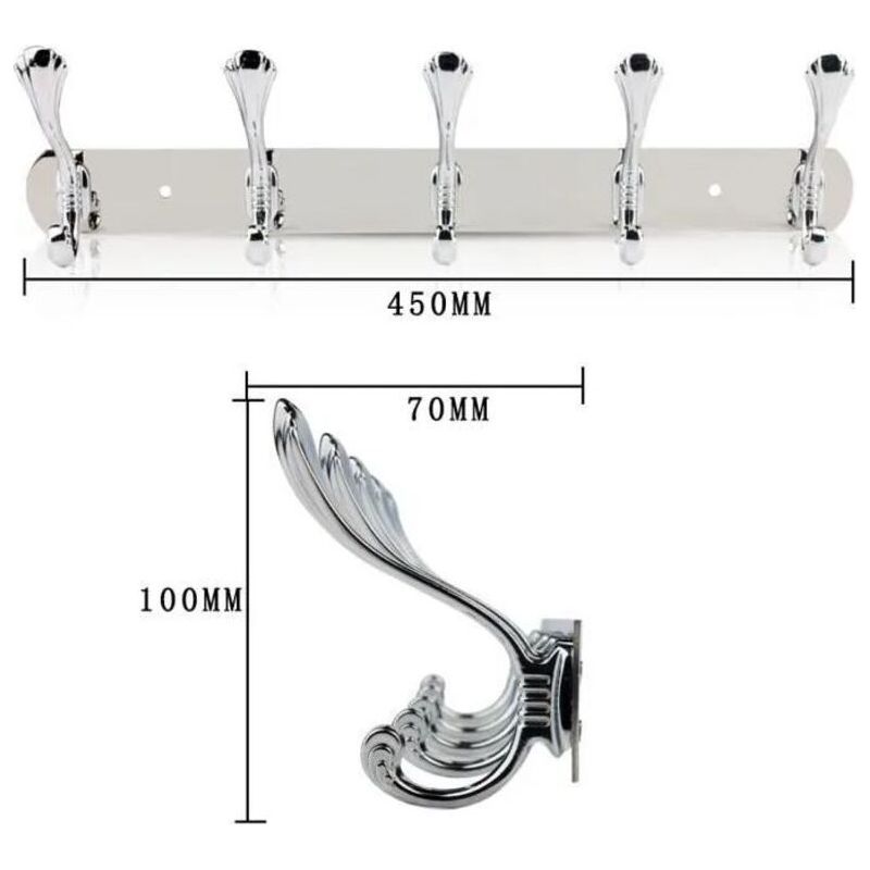 Wandmontierte Badezimmergarderobe Mit 5 Haken – Silberner Edelstahl – Maße 45 X 7 X 10 Cm – Korrosionsbeständig