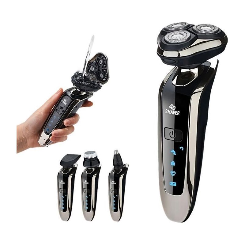 4-in-1 Elektrorasierer Für Herren, Nass- Und Trockenrasur, Wiederaufladbar, Mit 3d-rotationsscherköpfen, Lcd-display, Tragbar, Schwarz