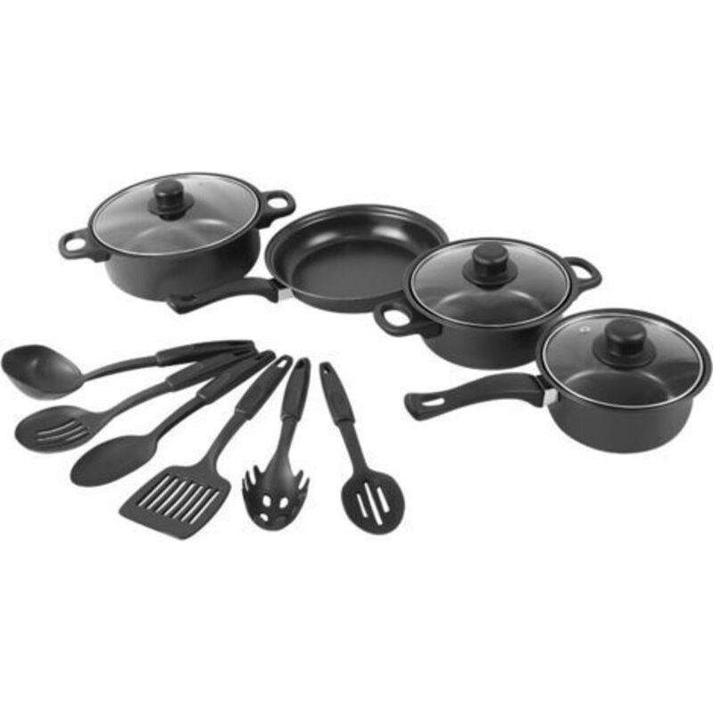 Hochwertiges 13-teiliges Outdoor-kochset Aus Gusseisen: Töpfe, Pfannenwender, Antihaftbeschichtete Töpfe, Milchkännchen, Bratpfannen, Kochutensilien Aus Steingut.