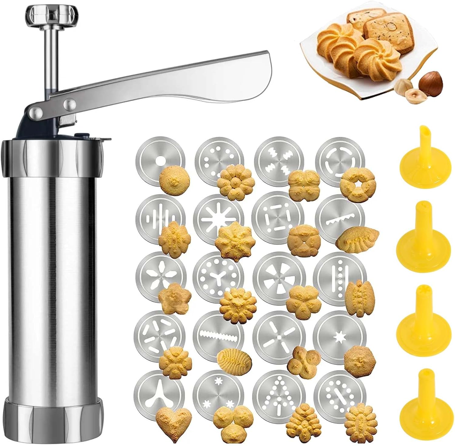 Kekspresse-set, Kekspresse Aus Edelstahl Mit 20 Schablonen Und 4 Düsen, Tragbare Kekspresse Für Mürbeteigkekse, Keksformen Zum Backen Von Keksen Und Dekorieren Von Selbstgemachten Kuchen