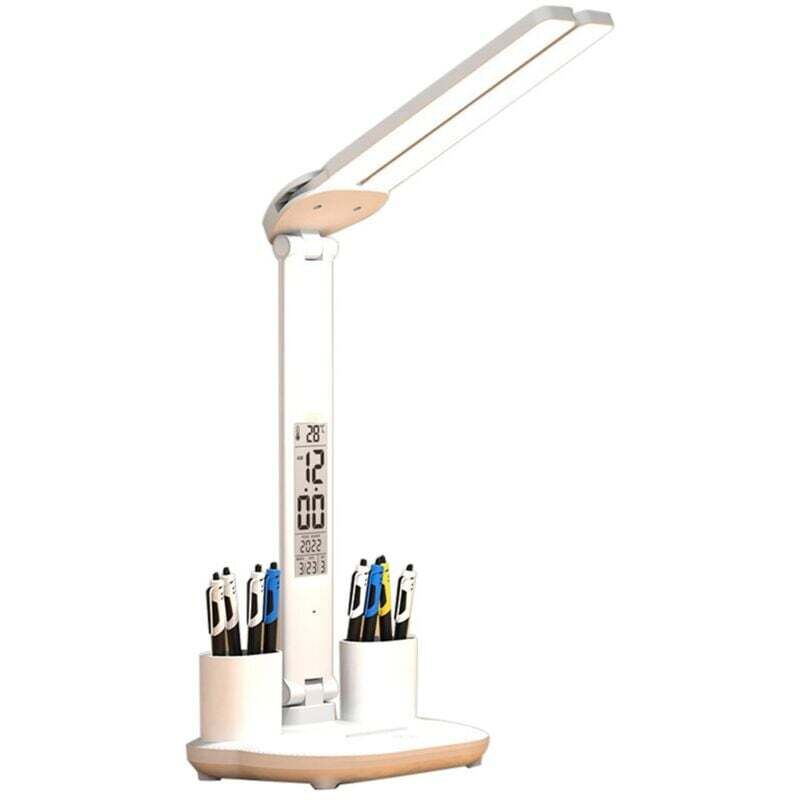 Led-schreibtischlampe Mit 2 Stifthaltern, Anzeige Von Uhrzeit, Datum Und Temperatur, Dimmbar, Touch-bedienung, Faltbar, Augenschutz, Perfekt Für Büro Oder Arbeitszimmer