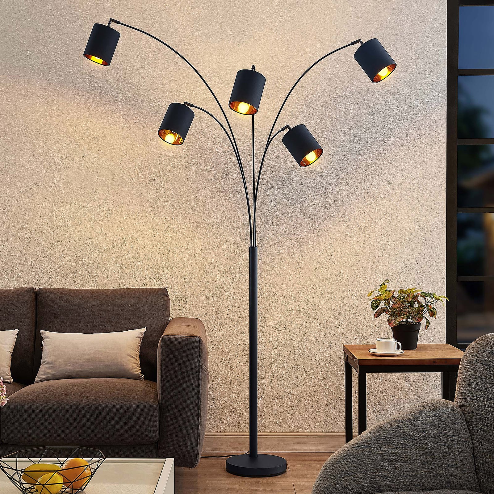 [gebraucht] B-ware Lindby Stehleuchte Abiram Led Lampe 5-flammig Schwarz-gold Stahl Textil 204cm