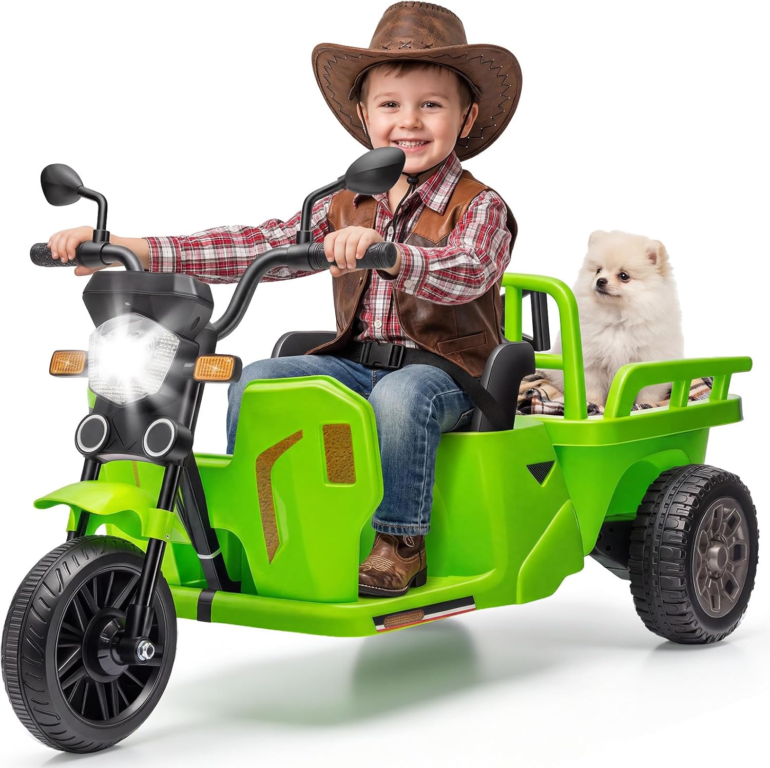 12v Elektro Traktor Für Kinder Mit Anhängerbett & Schaufel, Ladezustandsanzeige, Doppelmotoren, Geschwindigkeit Einstellbar, Led, Musik & Bluetooth, Usb&aux, 3+(grün)