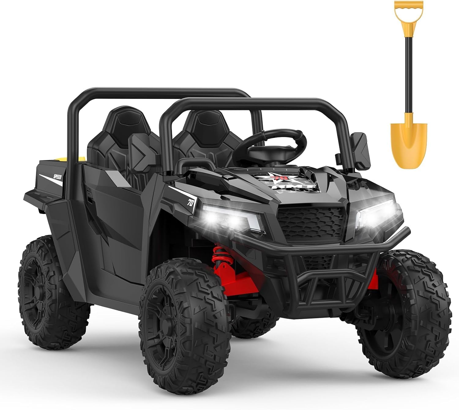 Kinder Elektroauto Utv Buggy 24v 2-sitzer Off-road Dual-motor, 2.4g Fernsteuerung, Musik, Led, Schaufel, 3 Geschwindigkeiten Ab 3 Jahren, Schwarz