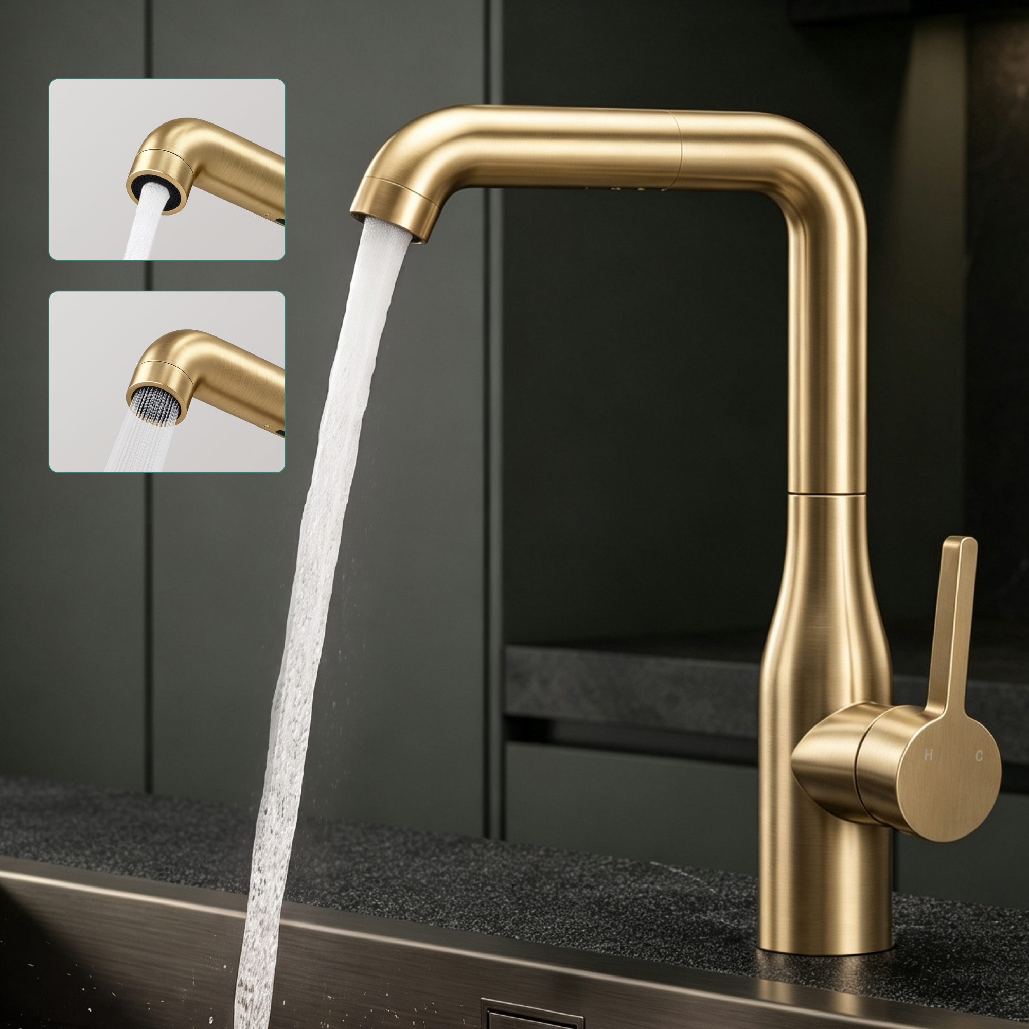 Mai & Mai Wasserhahn Küche Ausziehbar, Küchenarmatur Gebürstet Gold, Mischbatterie Küche 360°schwenkbar, Spültischarmatur Aus Edelstahl, 2 Wasserstrahl-modi, Turnix-04