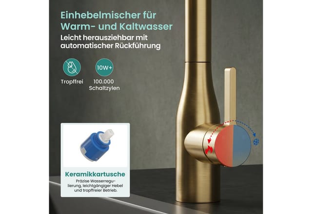 Mai & Mai Wasserhahn Küche Ausziehbar, Küchenarmatur Gebürstet Gold, Mischbatterie Küche 360°schwenkbar, Spültischarmatur Aus Edelstahl, 2 Wasserstrahl-modi, Turnix-04