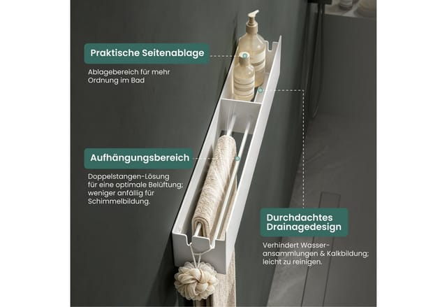 Mai & Mai Duschablage Ohne Bohren Mit Handtuchhalter, Duschregal Badezimmer Ablage In Weiß 60cm Reglo-18