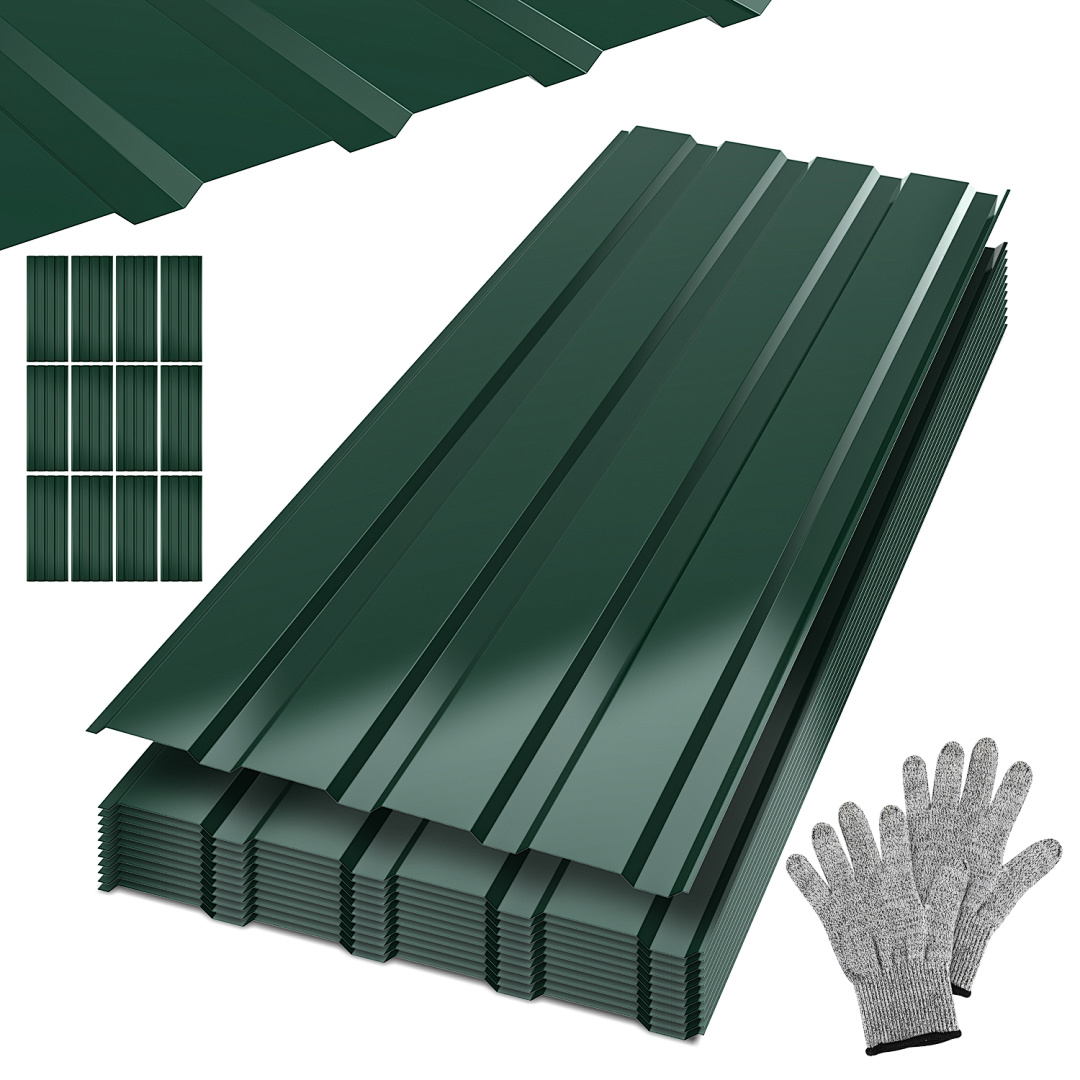 Randaco 36 Stück Dachblech Trapezblech Profilblech Platten Aus Metall, Glatte Oberfläche, Mit Handschuhen, 115x45 Cm, 0,25 Mm, 188 M², Grün