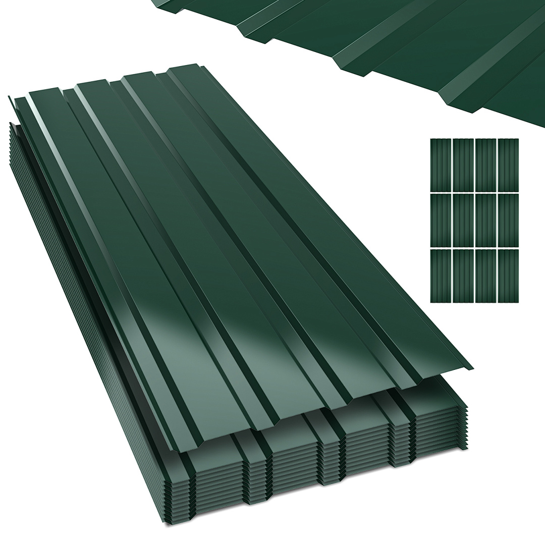 Randaco 24 Stück Dachblech Trapezblech Profilblech Platten Aus Metall, Glatte Oberfläche, Mit Handschuhen, 115x45 Cm, 0,25 Mm, 12 M², Grün