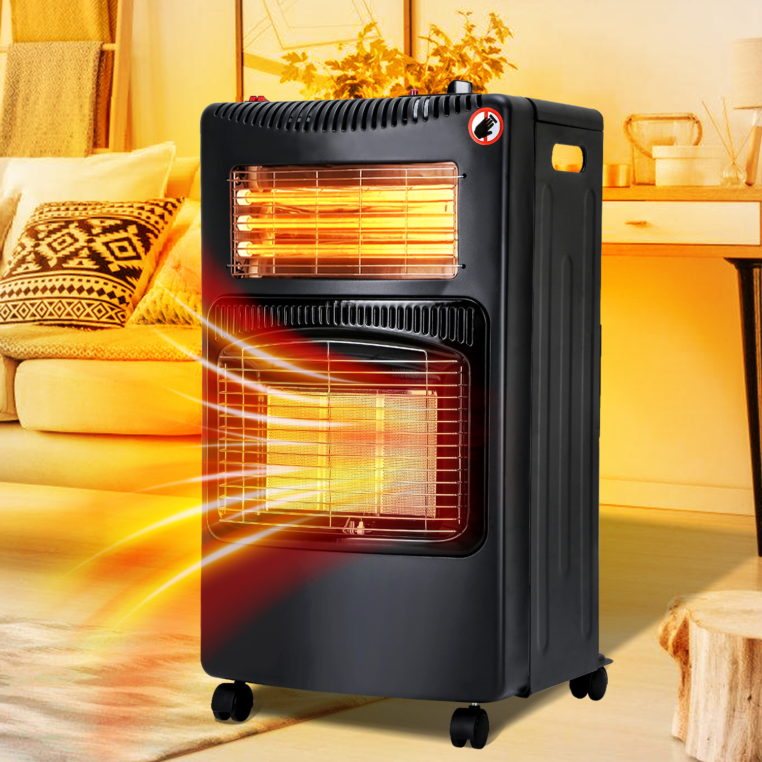 Randaco Gasofen Elektro Kombi 4200/1200 Watt, Piezozündung, Kippschutz, Ods, 5 Lenkrollen, Schwarz, Inkl. 2 Eu-adaptern