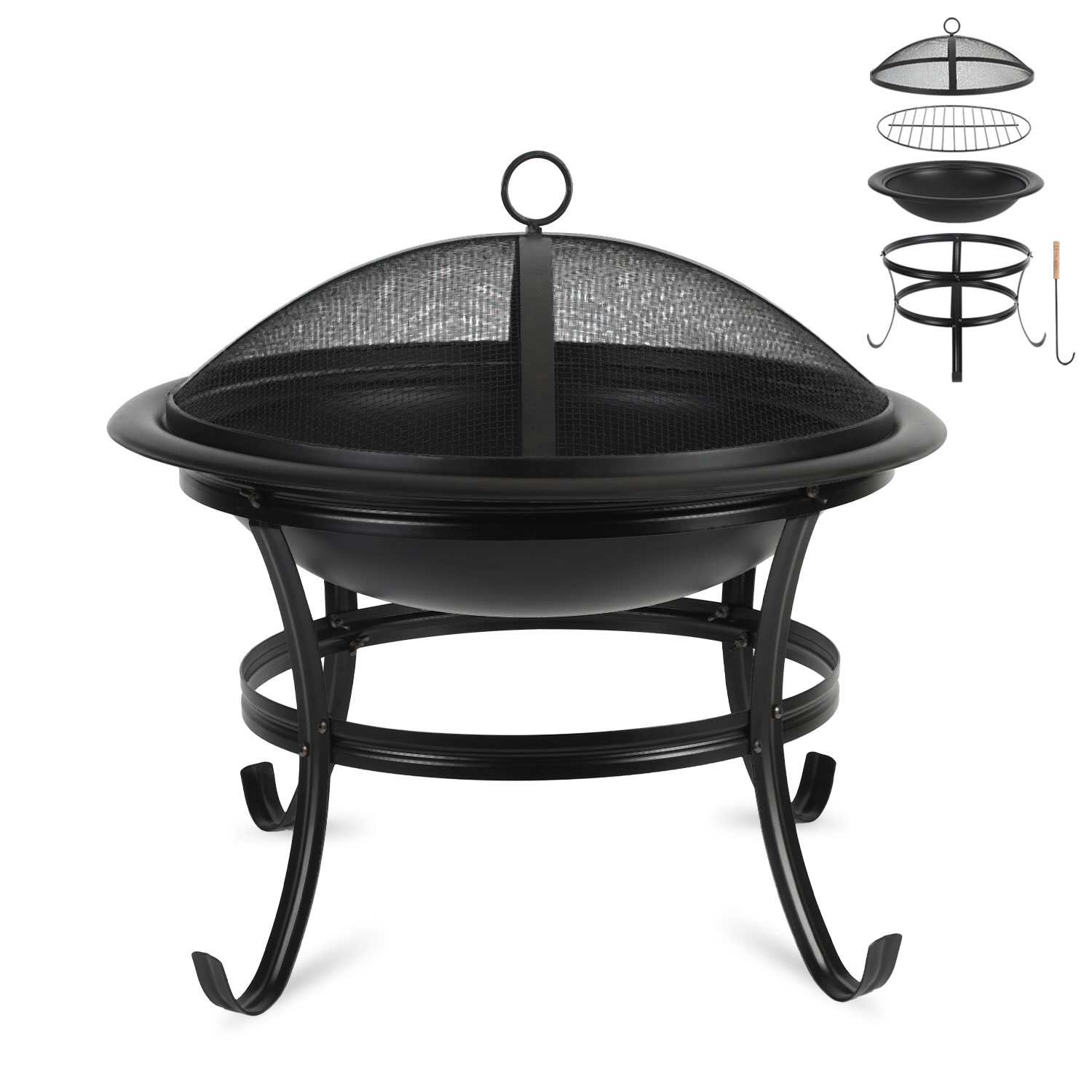 Randaco Feuerschale Mit Grillfunktion, Ø 55 Cm, Feuerkorb Mit Funkenschutzdeckel, Grillgitter Und Feuerhaken Für Garten, Terrasse Und Camping