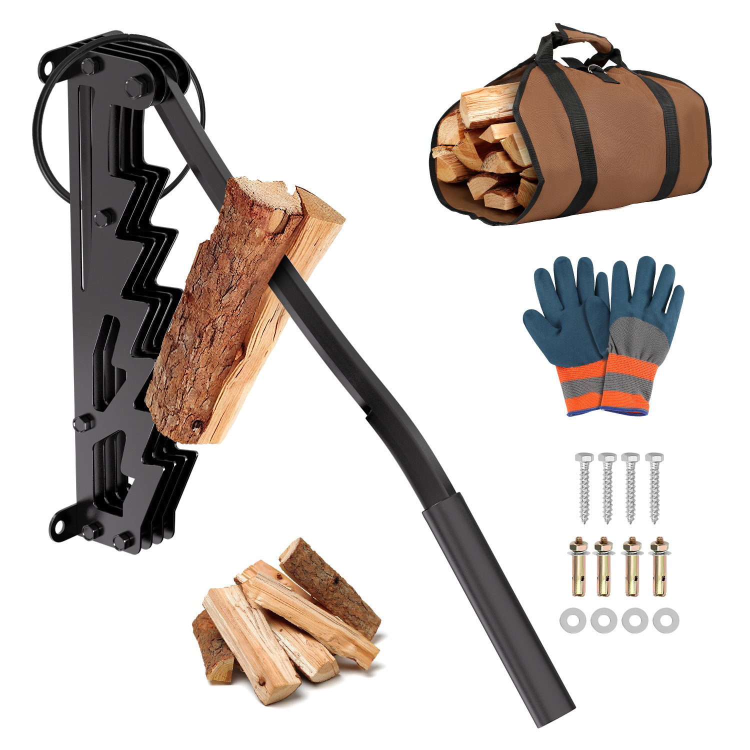 Randaco Handholzspalter Zur Wandmontage Mit Festem Griff, Brennholztasche Und Schutzhandschuhen, Schwarz
