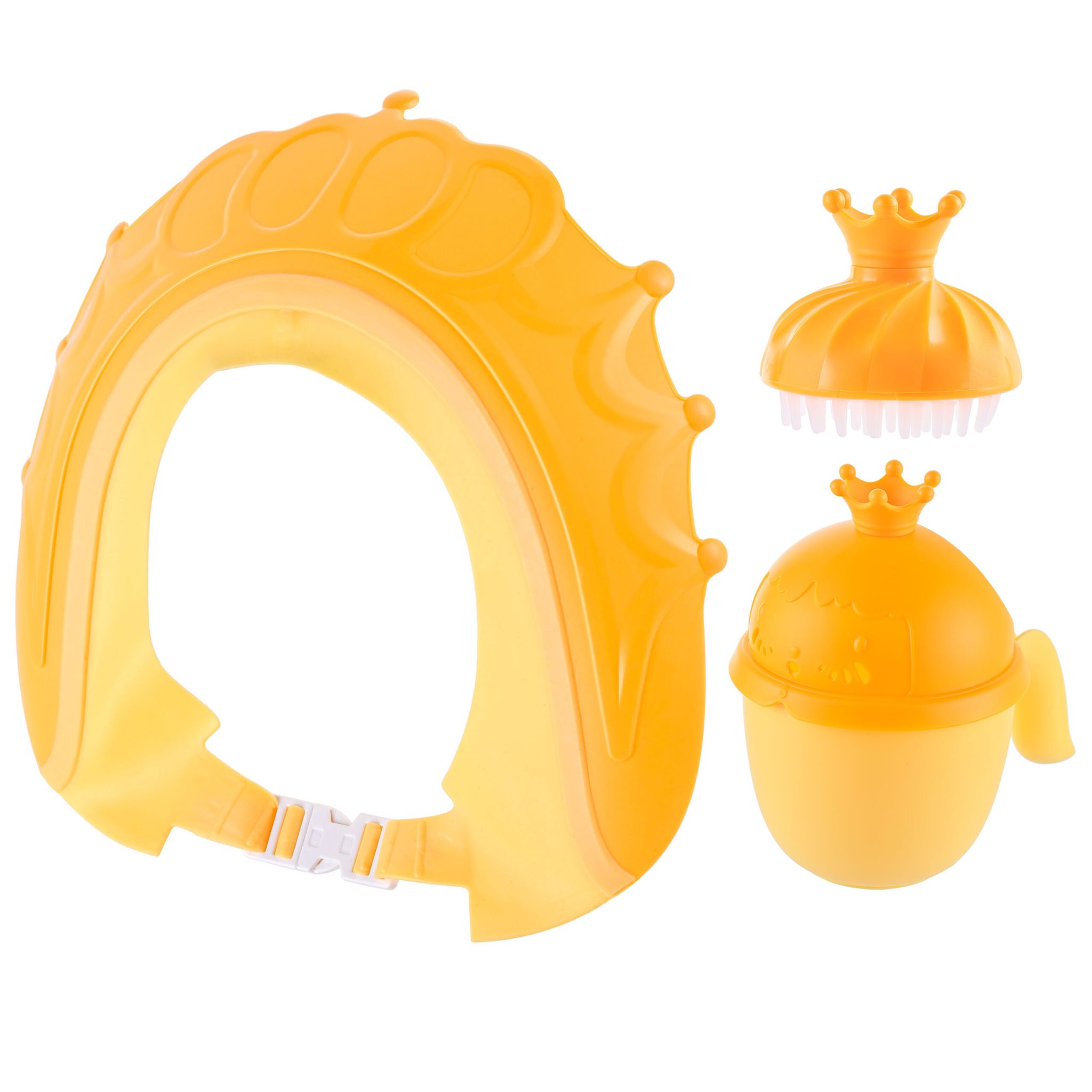 Relaxdays Haarwaschbecher Set, 3tlg, Krone, Mit Duschhaube & Bürste, Shampooschutz Tränenfrei, Ausspülhilfe, Gelb-orange
