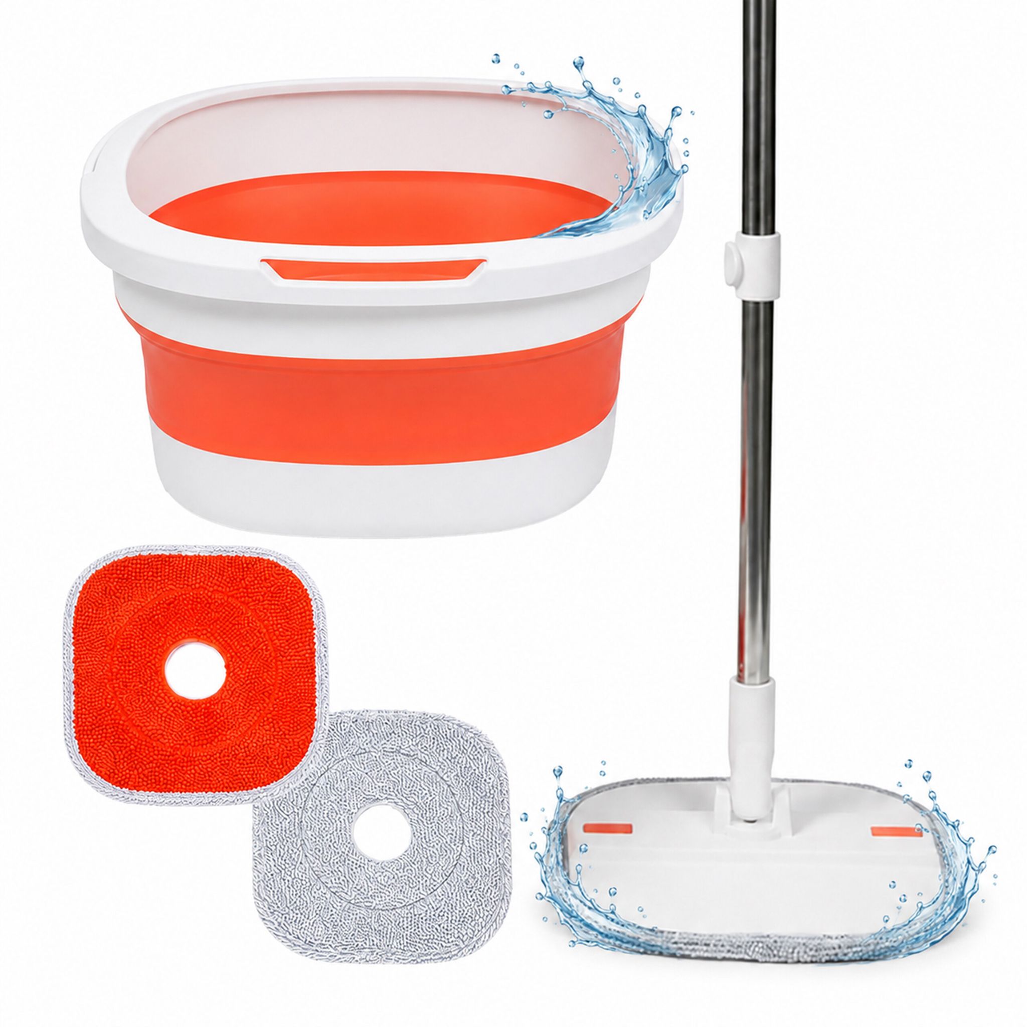 Relaxdays Wischmopp Set, 3,8 L Eimer Mit Auswringfunktion, Platzsparend, Hbt: 18x34,5x34,5cm, 2 Moppköpfe, Weiß/orange