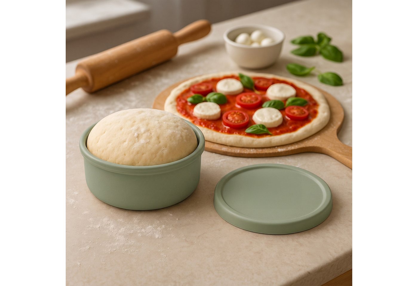 Relaxdays Pizzaballenbox, 4er Set, Silikon, Bis 350 G Teig, Gefrierfest, Hxd: 6,5 X 14,5 Cm, Teigbox Mit Deckel, Salbei Bild 3