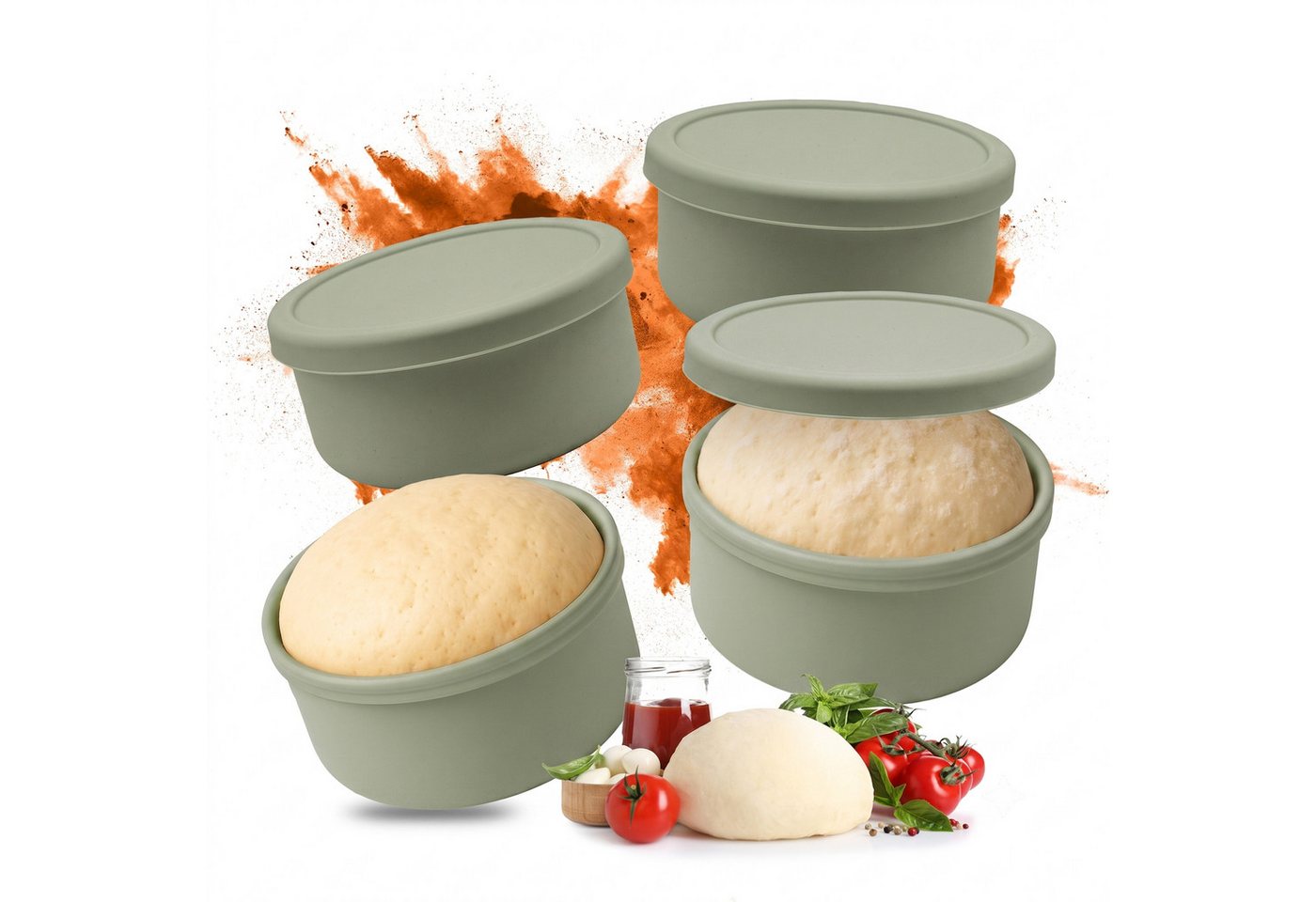Relaxdays Pizzaballenbox, 4er Set, Silikon, Bis 350 G Teig, Gefrierfest, Hxd: 6,5 X 14,5 Cm, Teigbox Mit Deckel, Salbei Bild 5